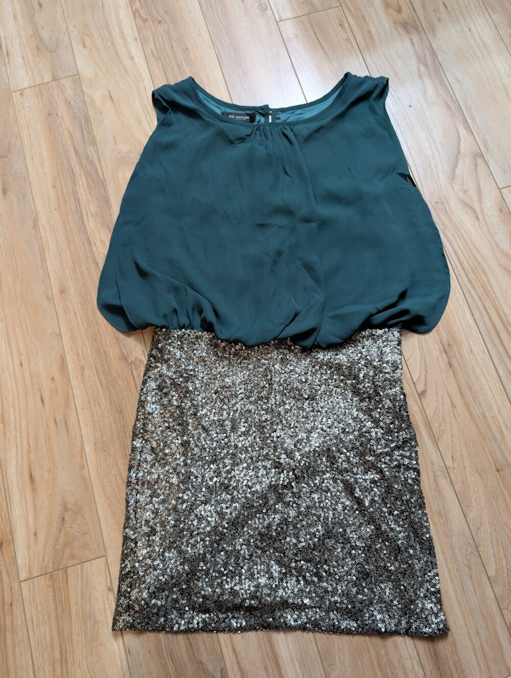 MM Couture by Miss Me Hunter Green & Gold Sequin Blouson Mini Dress Small